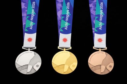 Silver, gold and bronze Aichi-Nagoya 2026 Asian Games medals with colorful ribbons.