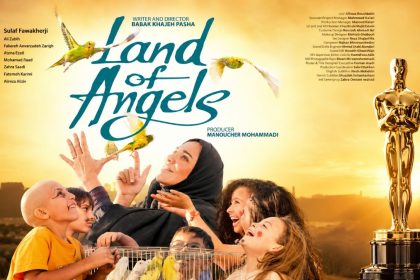Poster for Babak Khajeh-Pasha’s The Land of Angels, featuring children, birds and the film’s title.
