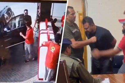 Split-screen footage showing a confrontation involving a man and a petrol pump employee beside a vehicle at a Lahore fuel station.