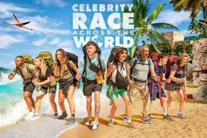 Celebrity contestants with backpacks running along a tropical beach in BBC’s Celebrity Race Across the World.
