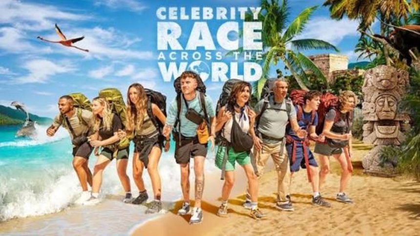 Celebrity contestants with backpacks running along a tropical beach in BBC’s Celebrity Race Across the World.
