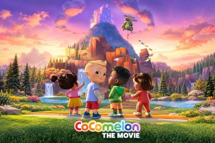 CoComelon: The Movie poster showing four animated toddlers facing a castle on a mountain at sunset.