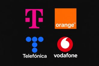 Deutsche Telekom, Orange, Telefónica and Vodafone telecommunications company logos on a black background.