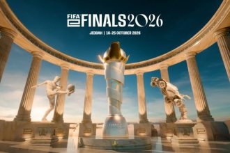 FIFAe Finals 2026 trophy displayed beneath a grand circular colonnade in Jeddah, Saudi Arabia.