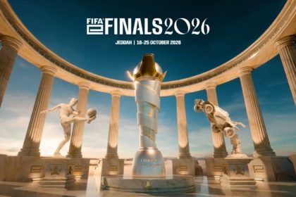 FIFAe Finals 2026 trophy displayed beneath a grand circular colonnade in Jeddah, Saudi Arabia.