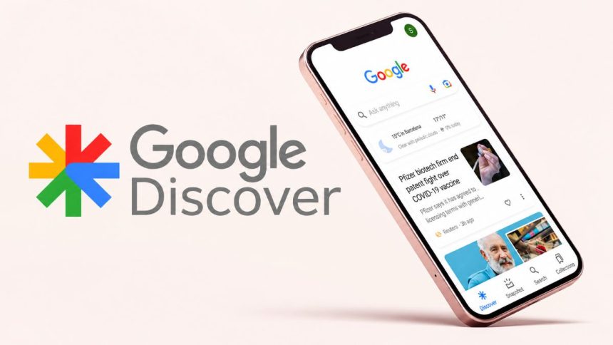 Google Discover logo and smartphone displaying a personalised news feed on a light background.
