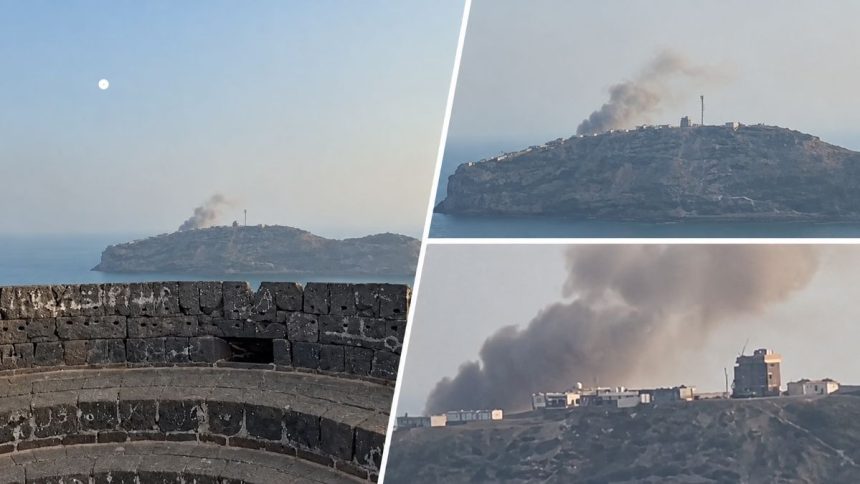 Smoke rises above buildings near Al-Maashiq Presidential Palace after a reported Houthi attack.
