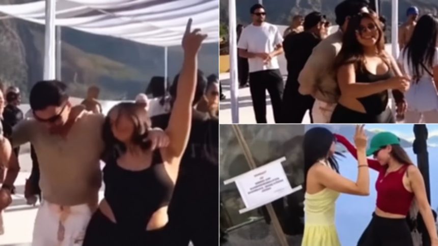 People dancing at a rooftop party at a private hotel in Hunza.