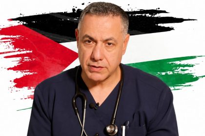 Palestinian doctor Hussam Abu Safiya wearing medical scrubs and a stethoscope.