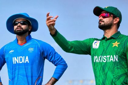 India captain Shreyas Iyer and Pakistan captain Sahibzada Farhan at the Asian Games cricket final toss.