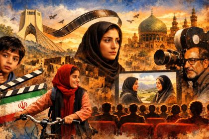 Artistic collage representing Iranian cinema with filmmakers, actors and Iranian landmarks.