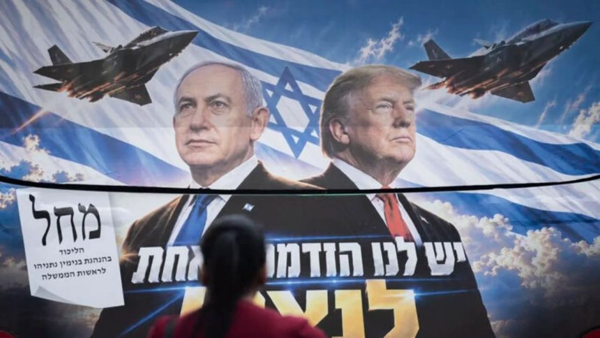 Benjamin Netanyahu and Donald Trump featured on an election campaign poster displayed on a bus in Jerusalem