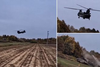 Italian military helicopter flying over a rural area in northern Bosnia and Herzegovina before crashing.