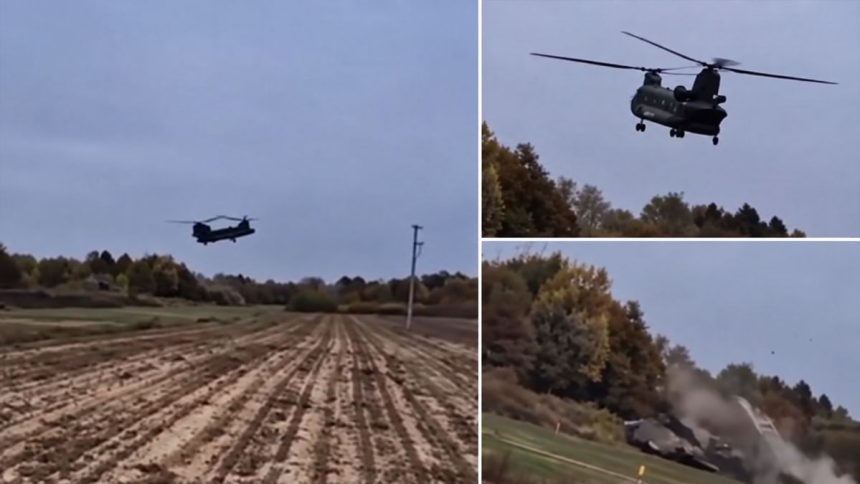 Italian military helicopter flying over a rural area in northern Bosnia and Herzegovina before crashing.