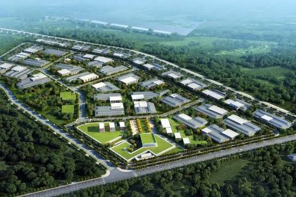 Aerial rendering of an industrial zone in Karachi’s FB Area, showing factory buildings, roads, landscaped areas and surrounding greenery.