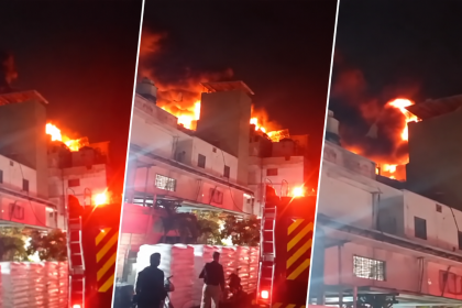 Firefighters battle a factory fire in Karachi’s SITE area at night.