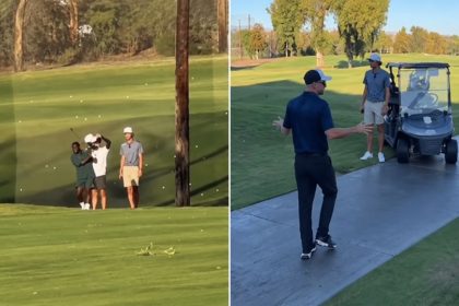 Kevin Hart and other golfers on a golf course after a wayward shot sends a golf ball toward a wedding reception.