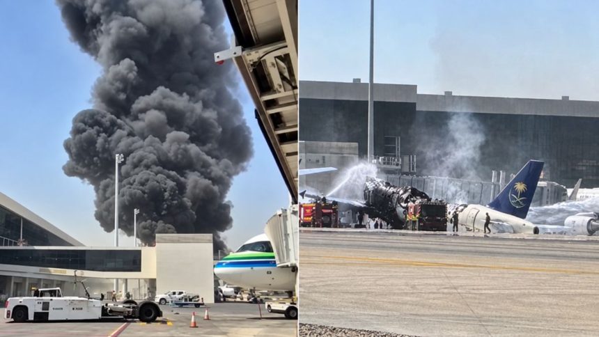 Thick black smoke rises near an airport terminal as emergency crews respond to a damaged aircraft on the runway.