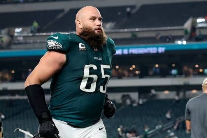 Philadelphia Eagles right tackle Lane Johnson wearing No. 65 during a football game.