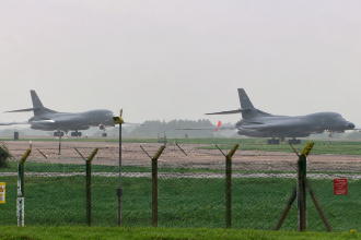 Two U.S. Air Force bombers on the runway at RAF Fairford.