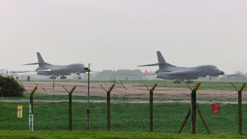 Two U.S. Air Force bombers on the runway at RAF Fairford.