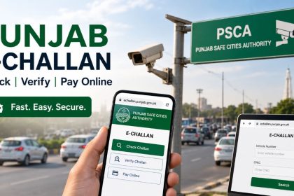 Punjab e-Challan system with PSCA signage, traffic surveillance cameras and online challan services displayed on digital devices.