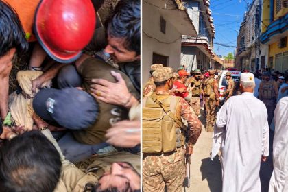 Rescue personnel assist an injured person as security forces and residents gather following a private school roof collapse in Dir Colony, Khyber Pakhtunkhwa.