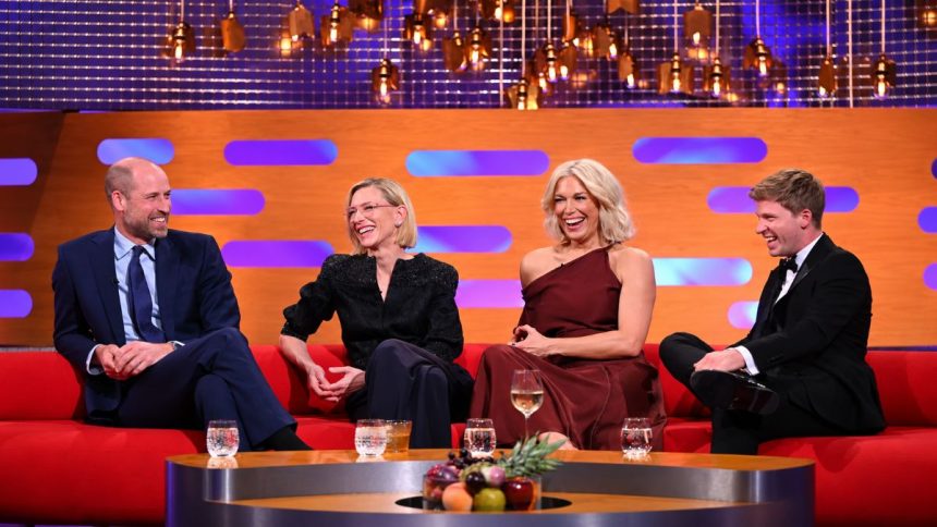 Prince William, Cate Blanchett, Hannah Waddingham and Robert Irwin sitting together on a red sofa on The Graham Norton Show.