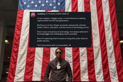 Rapper Soulja Boy standing in front of a large American flag beneath a social media post suggesting a possible 2028 presidential run.