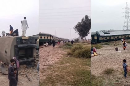 Derailed Rehman Baba Express train carriages near Sher Shah Bridge as passengers and bystanders gather beside the tracks.