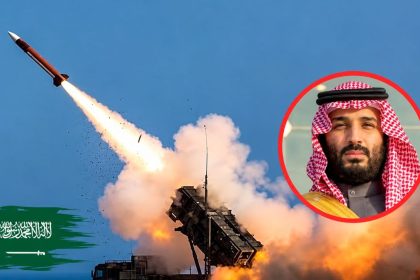 Saudi Crown Prince Mohammed bin Salman alongside the Saudi flag and a missile launching from a military system.