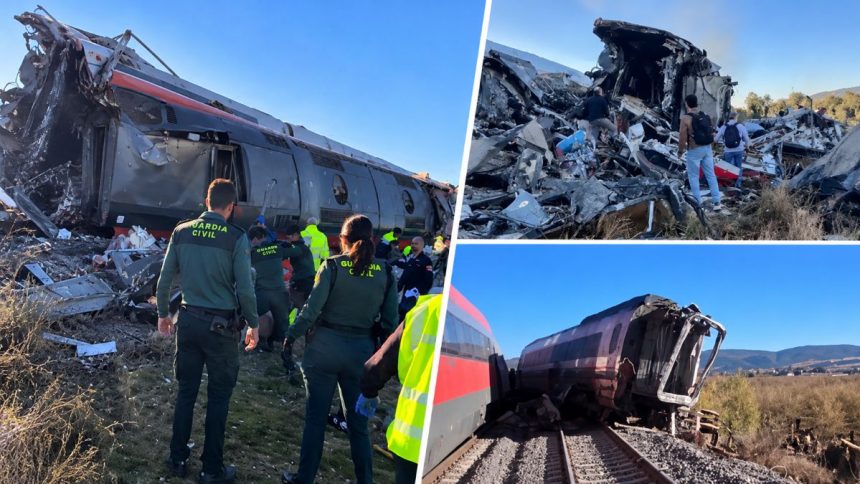 Screengrab showing the aftermath of a collision between two high-speed trains near Urda in Spain’s Toledo province.