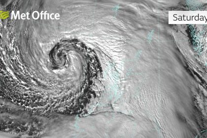 Satellite image of Storm Boelo over the North Atlantic, showing its swirling cloud bands near the British Isles.