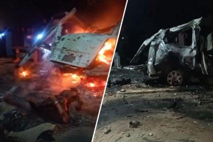 Burnt and damaged vehicles at the scene of an ambulance fire at a health facility in Dano Dandhal, Nagarparkar, Sindh.