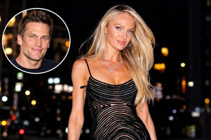Tom Brady pictured in a circular inset alongside Brazilian supermodel Candice Swanepoel, wearing a black striped dress and diamond jewellery against a nighttime city backdrop.