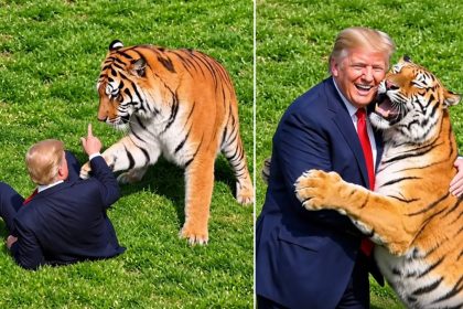 AI-generated image showing Donald Trump interacting with a tiger on a grassy lawn.