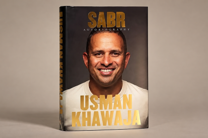 Usman Khawaja’s Sabr autobiography book cover featuring his portrait and gold lettering