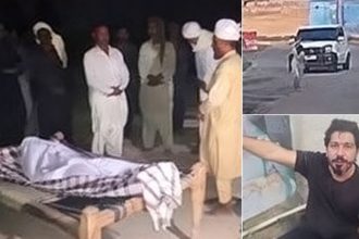 Collage featuring Tauqeer Nazir, CCTV footage of a car on a road, and a scene showing Waseem Abbas’s body in the murder case.